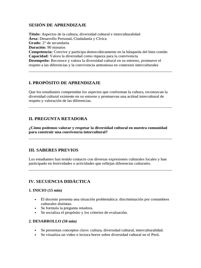 SESIÓN de APRENDIZAJE Aspectos de La Cultura, Diversidad Cultural e ...