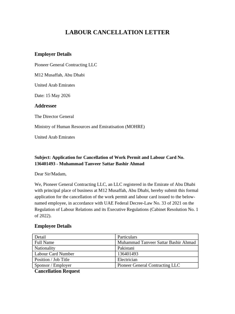 Labour Cancellation Letter Muhammad Tanveer | PDF | United Arab ...