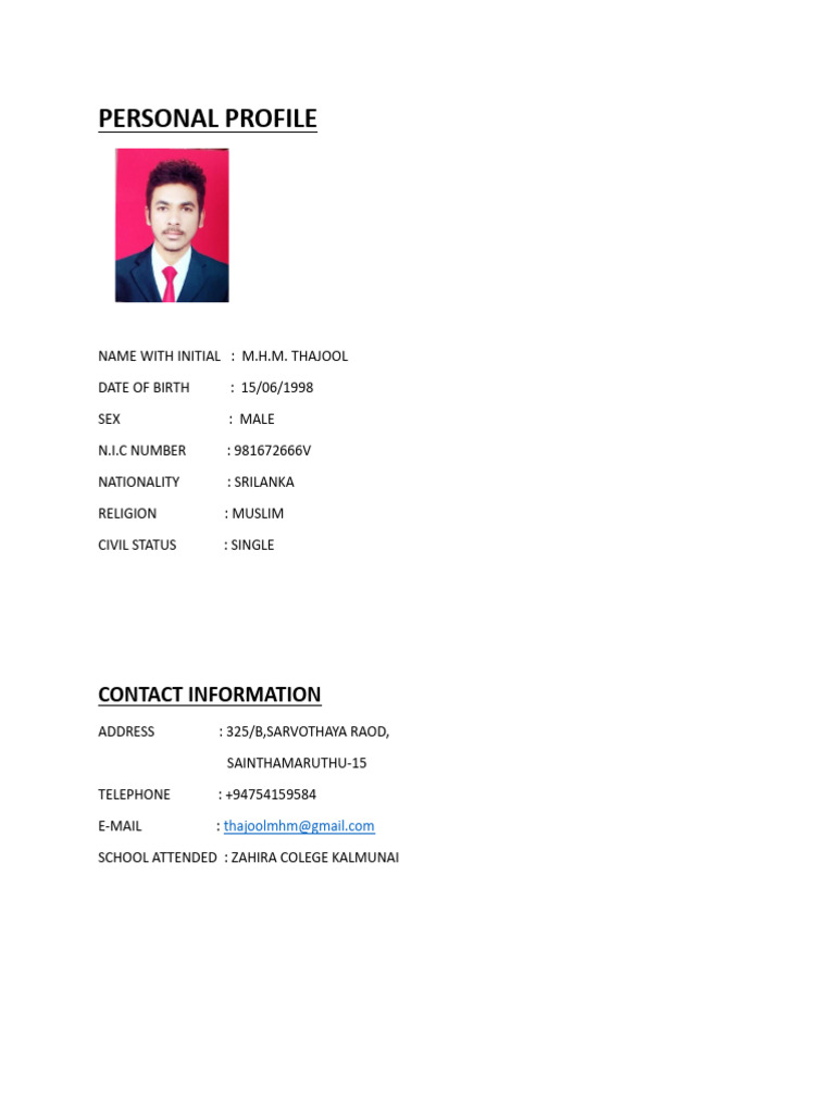 PERSONAL PROFILE -THAJOOL | PDF