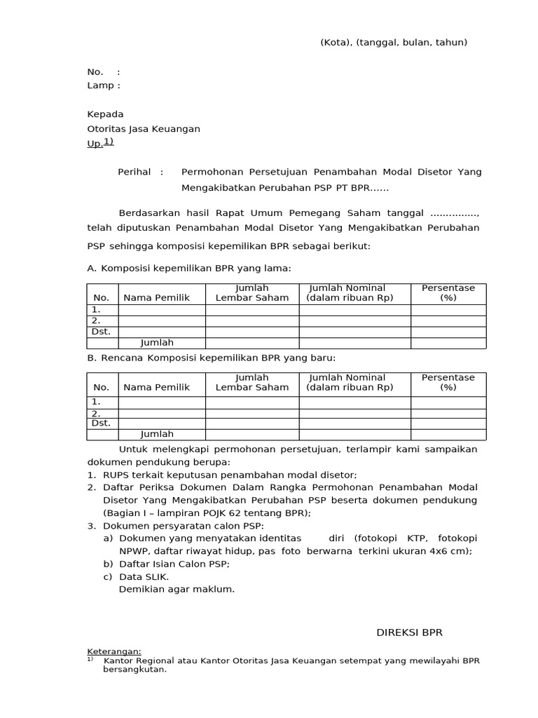 Surat Pengantar Permohonan Setoran Modal Yg Menyebabkan Perubahan PSP | PDF