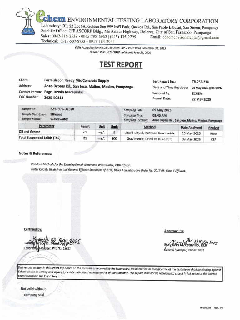 Test Report 2025-E0114 Formulacon Ready Mix Concrete Supply | PDF