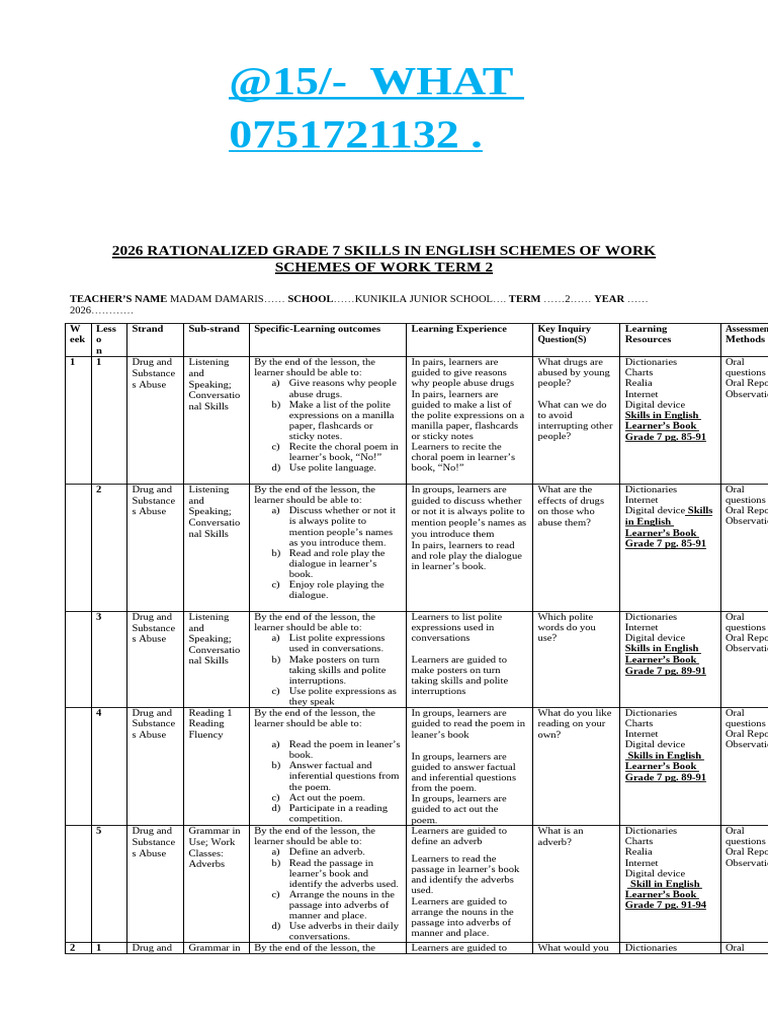 Grade 7 English Schemes | PDF | English Language | Adverb