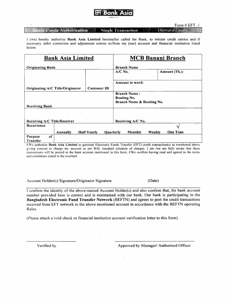 Bank Asia NPSB Form | PDF