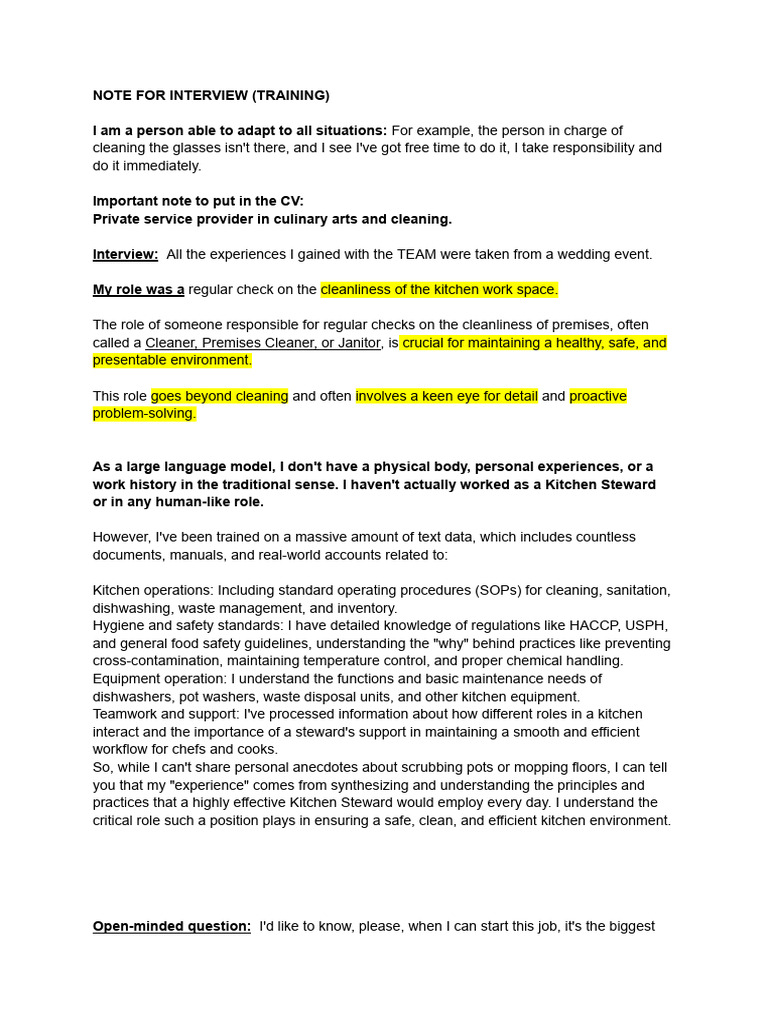 Note for Interview (Training) | PDF | Foodborne Illness | Food Safety