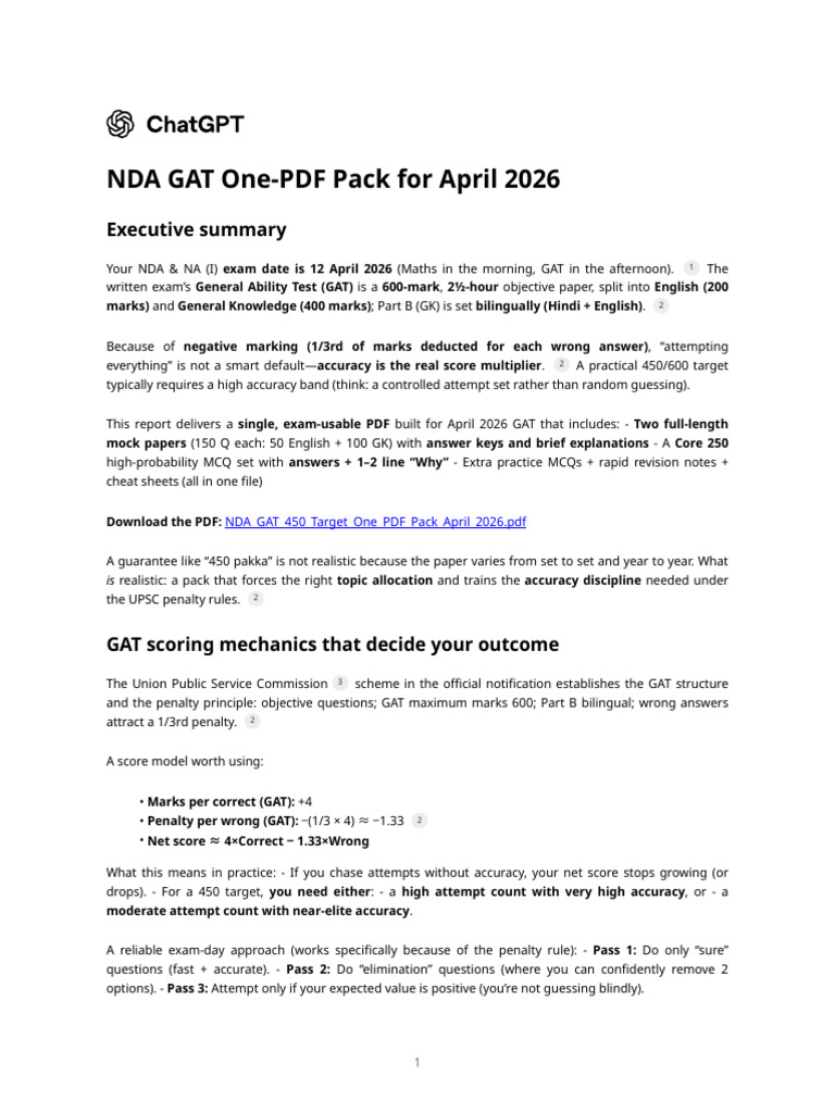 NDA GAT One PDF Pack For April 2026 | PDF | Multiple Choice