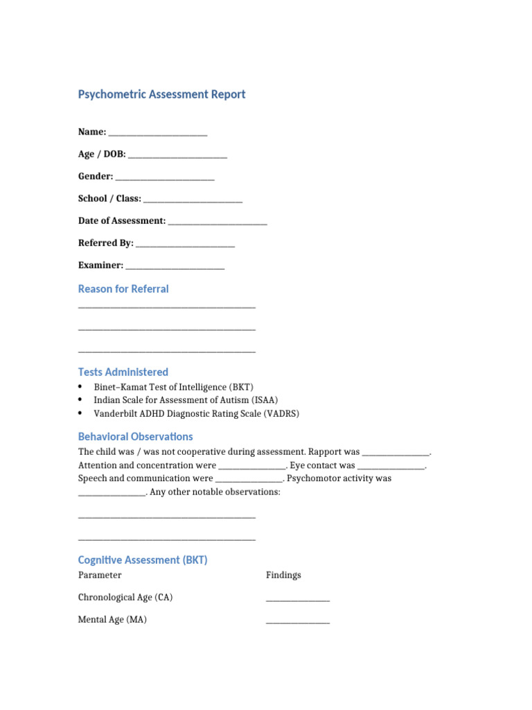 Psychometric Assessment Report Template | PDF | Attention Deficit ...
