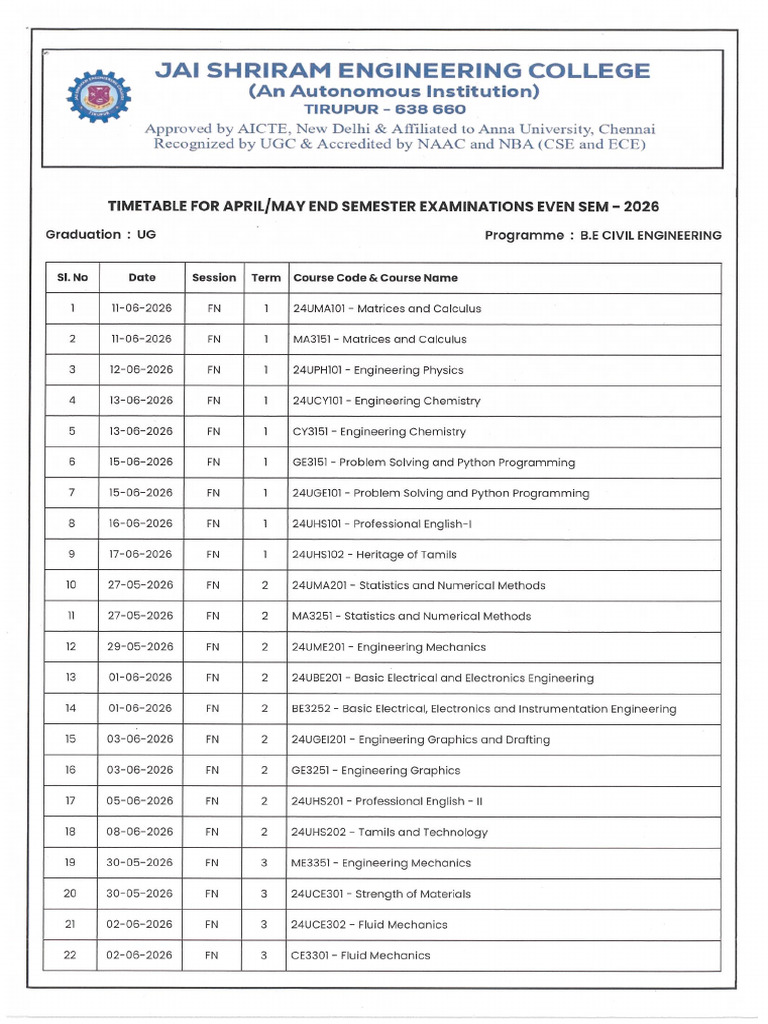 UG Time Table April - May 2026 | PDF