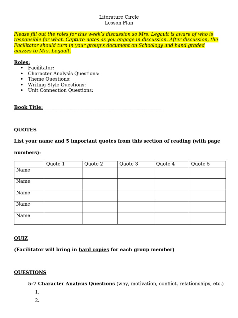 Lit+Circle+Lesson+Plan+Template (1) | PDF