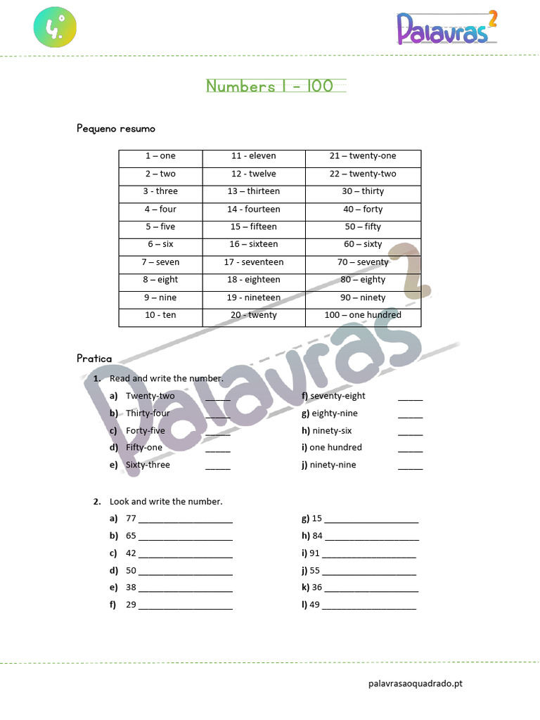 ING 12 - Numbers 1 - 100 | PDF