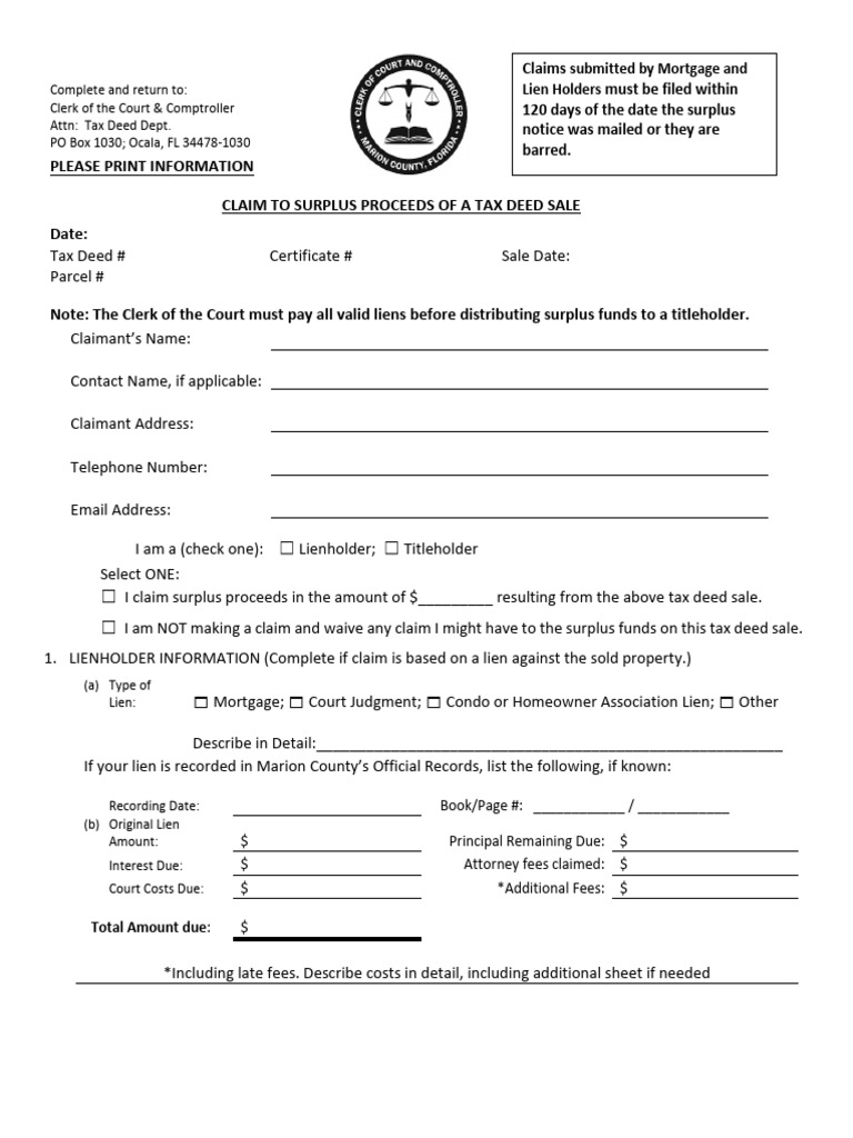 Surplus Claim Form PDF | PDF | Civil Law (Common Law) | Common Law