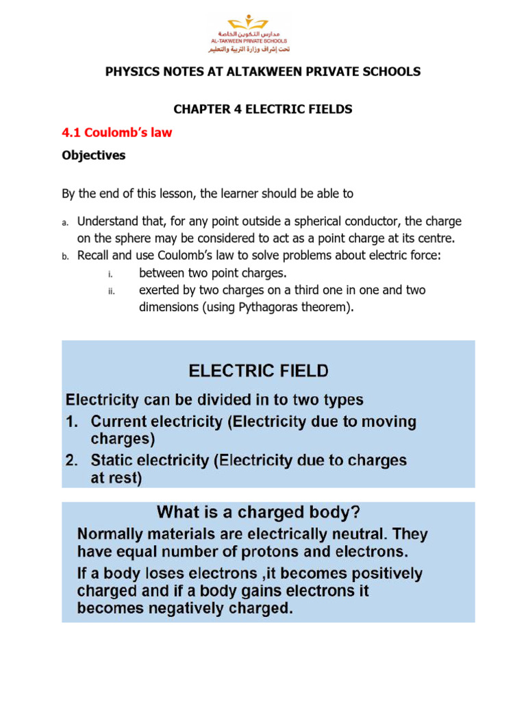 Electric Field Notes 2025 | PDF | Electric Field | Potential Energy
