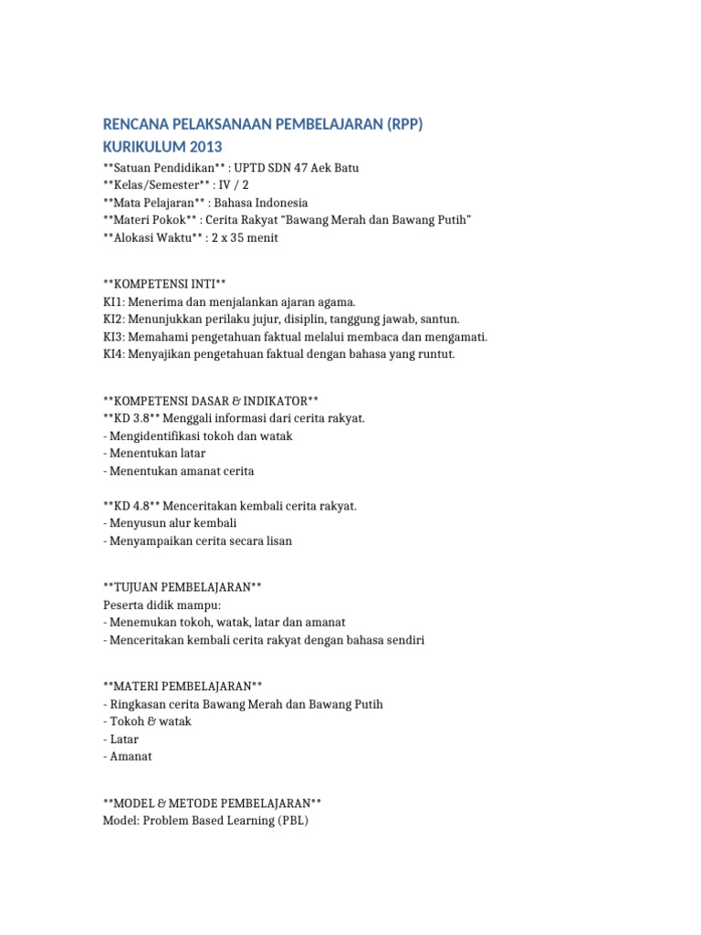 RPP FULL Cerita Rakyat BawangMerahBawangPutih | PDF