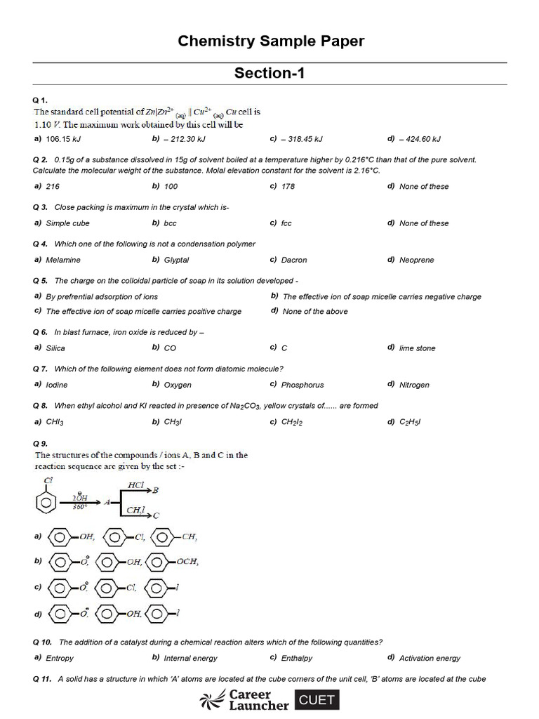 Chemistry Sample Paper | PDF | Catalysis | Physical Chemistry