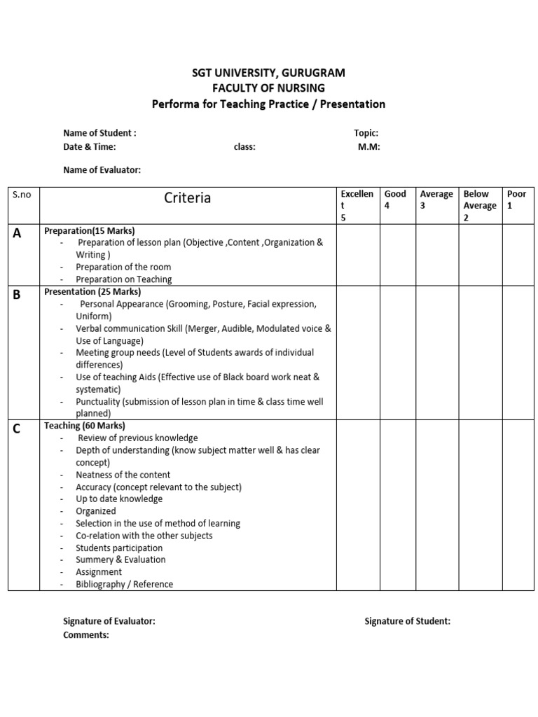 Performa For Teaching Practice | PDF
