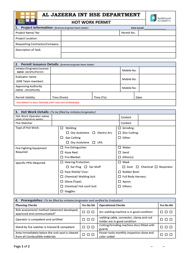 Hot Works Permit AJI Cubic 2026 | PDF | Welding | Construction