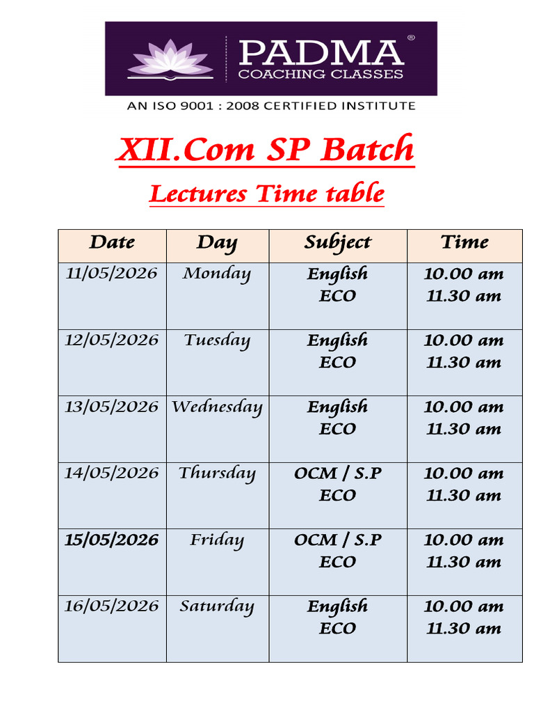 XII. Com SP Batch Time Table-1 | PDF