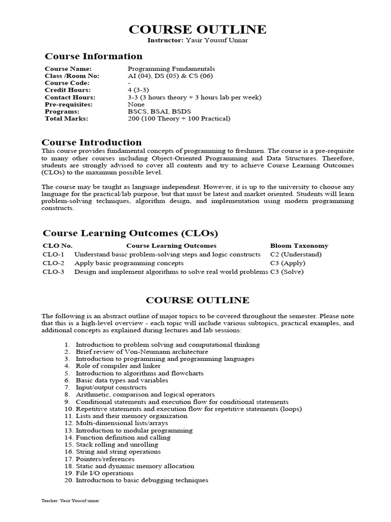Course Outline (Programming Fundamentals) | PDF | Pointer (Computer ...