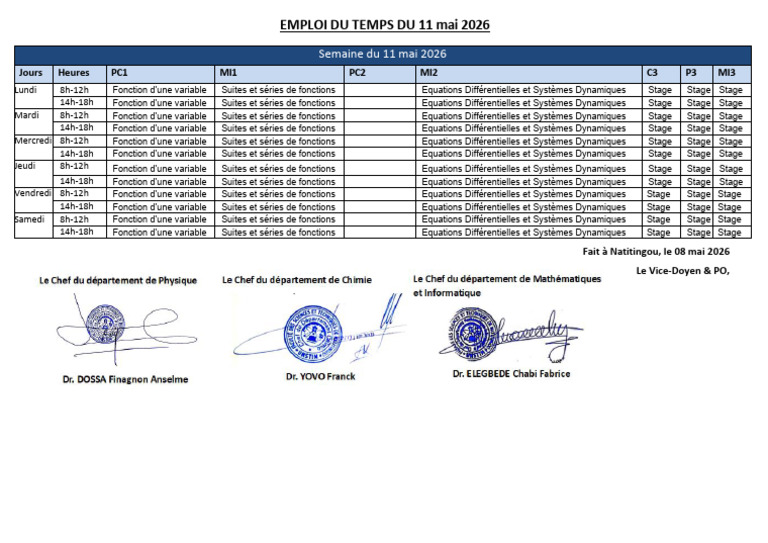 Emploi Du Temps Semaine 11 Mai 2026 | PDF | Calcul | Fonction de ...