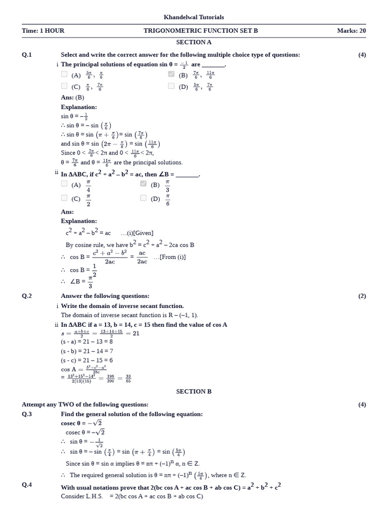 Trigonometric Functions Answer Key (Set-b) | PDF | Mathematics ...