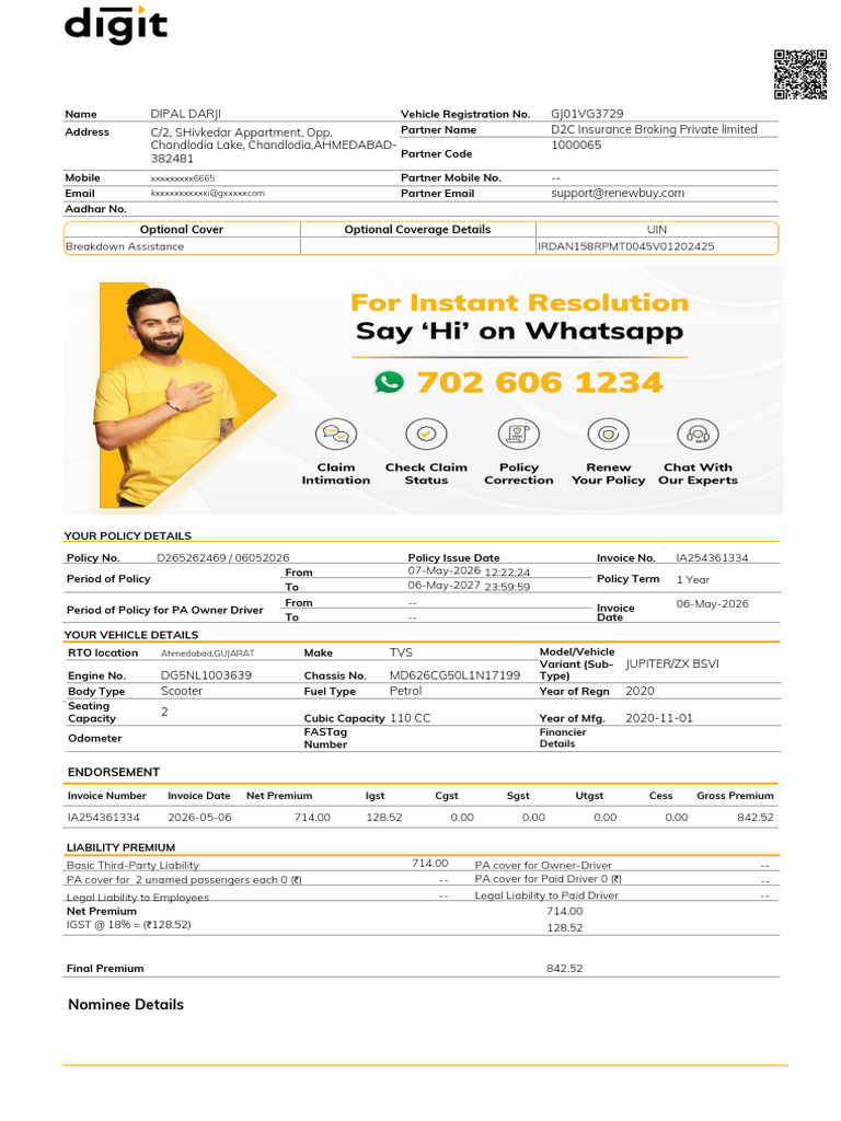 Go Digit General Insurance LTD.: Schedule/Receipt Digit Two-Wheeler ...