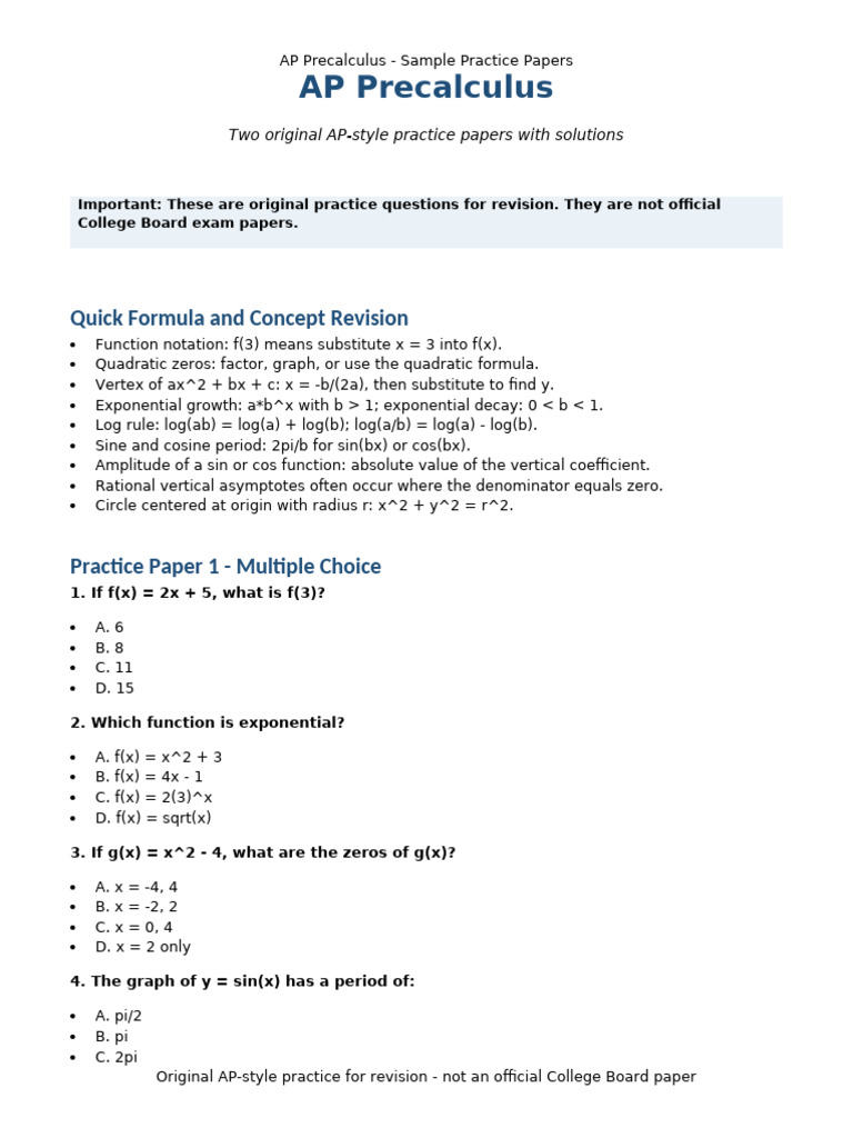 AP Precalculus Practice Papers | PDF | Exponential Function ...