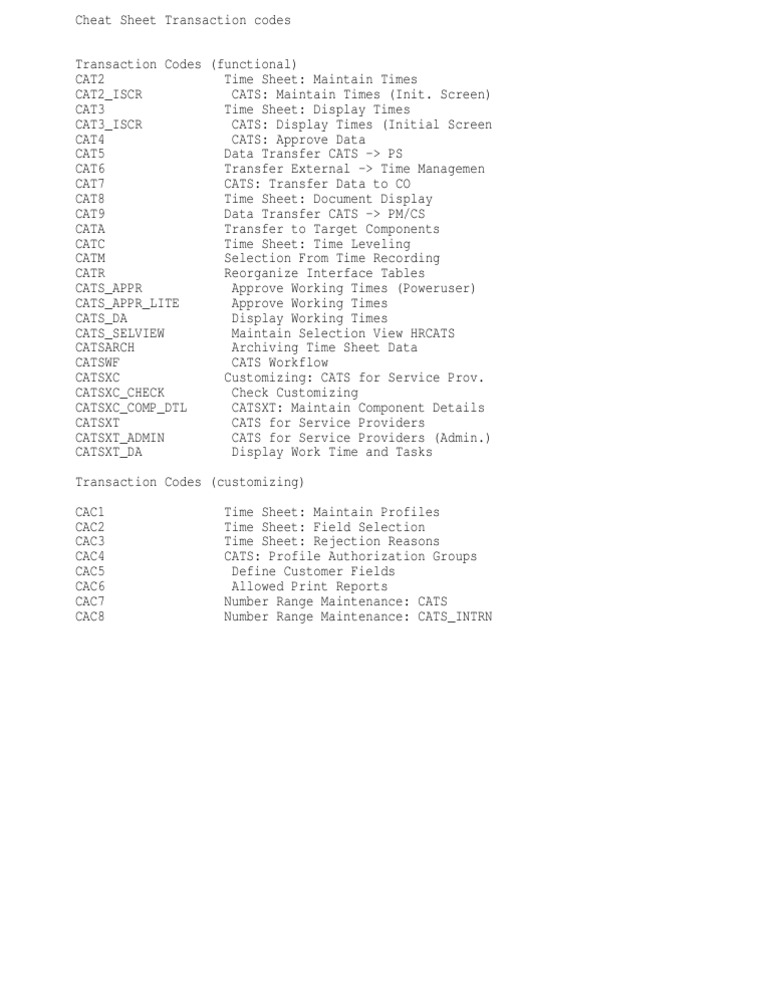 CATS Transaction Codes Cheat Sheet | PDF | Finance & Money Management ...
