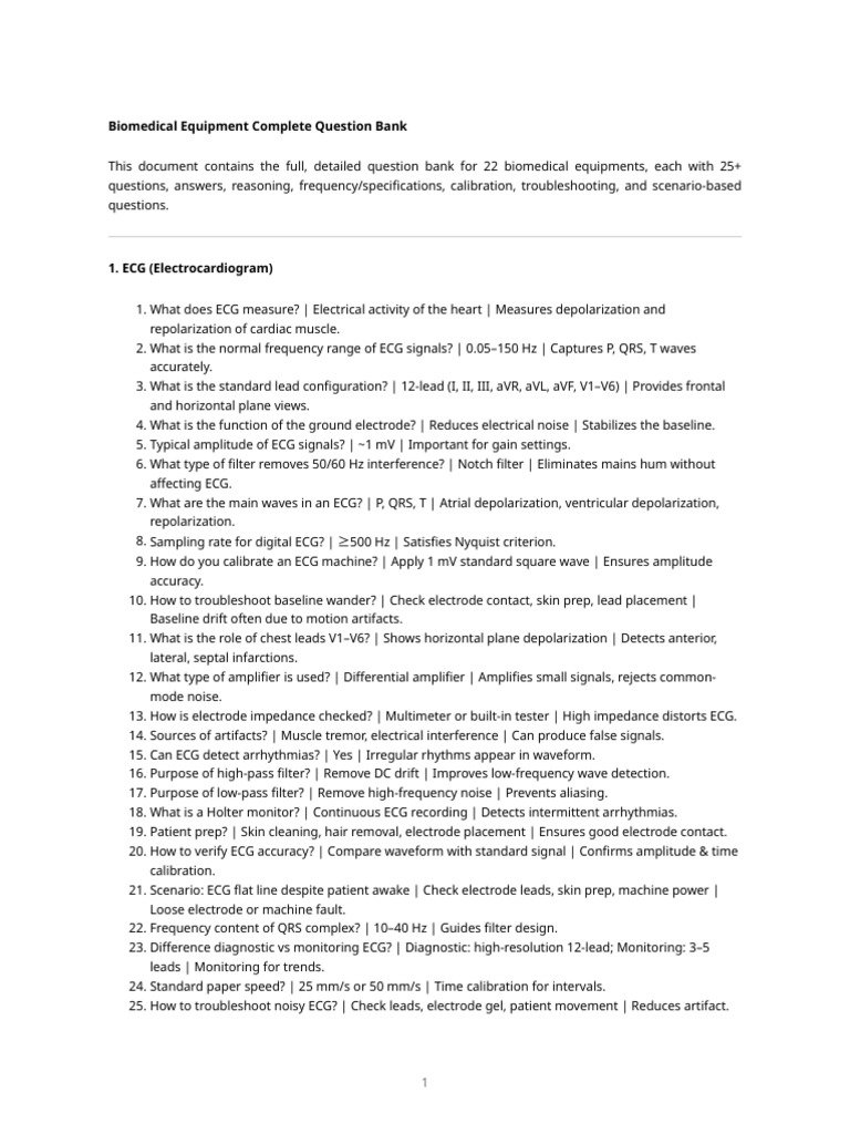 Biomedical Equipment Full Question Bank | PDF | Electrocardiography ...