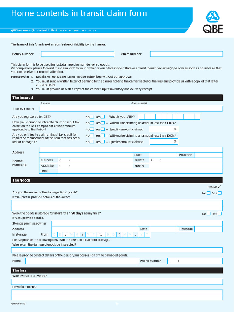 QBE Home Contents in Transit Claim Form | PDF | Insurance | Business