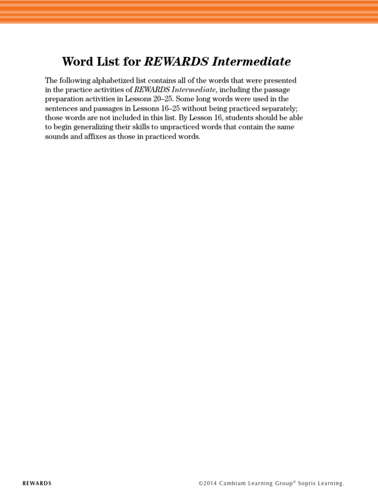 Intermediate - Word List For REWARDS | PDF