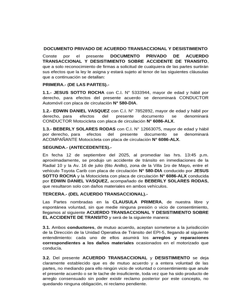 Privado Acuerdo Transaccional y Desistimiento | PDF | Justicia | Crimen ...
