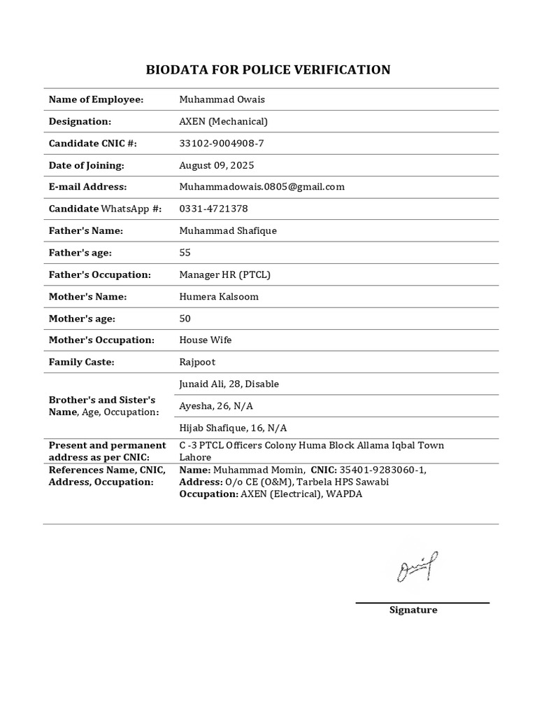 Biodata Police Verification Owais | PDF