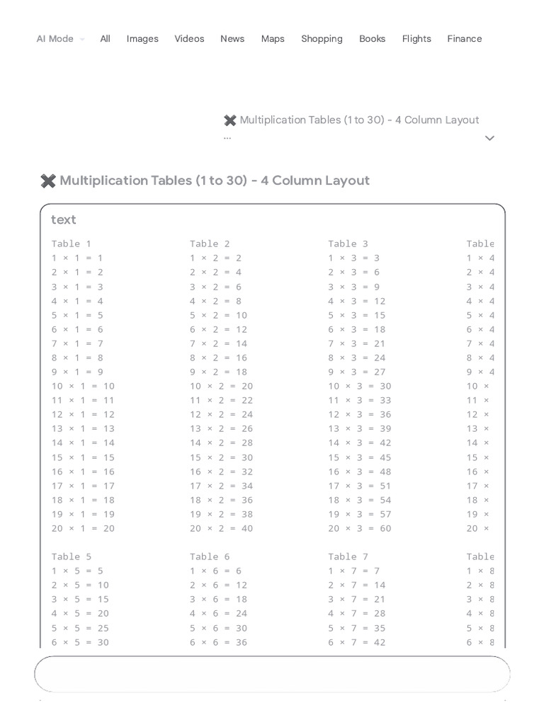 Create A Multiplication Table 1to 30 With Each 20 Rows - Goog... | PDF ...
