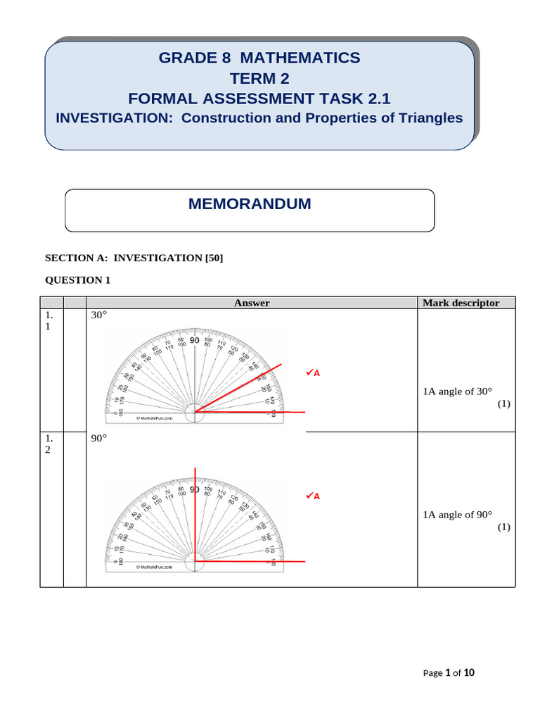Grade 8 Mathematics FAT (Investigation) MEMO | PDF | Triangle ...