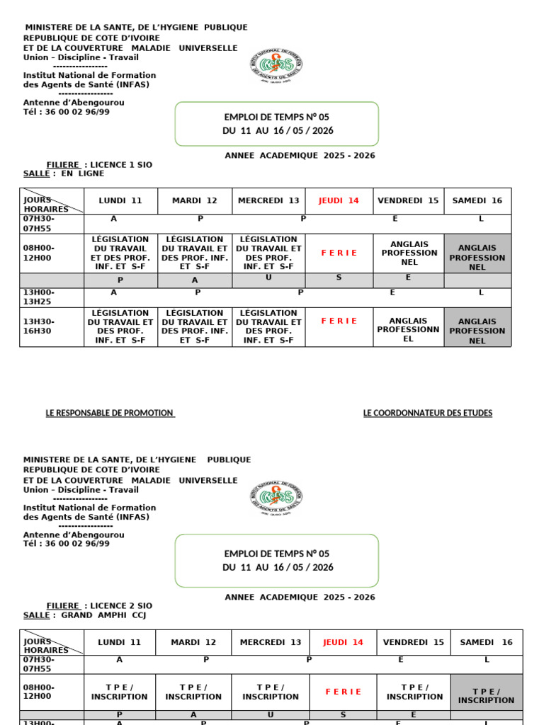 Emploi Du Temps l1 - l2 - l3 Semaine Du 11 Au 16 Mai 2026 | PDF