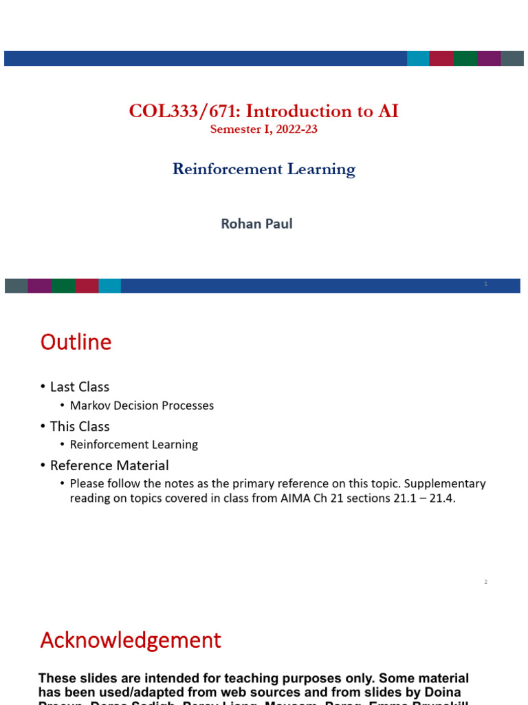 L11 Reinforcement Learning | PDF | Applied Mathematics | Algorithms