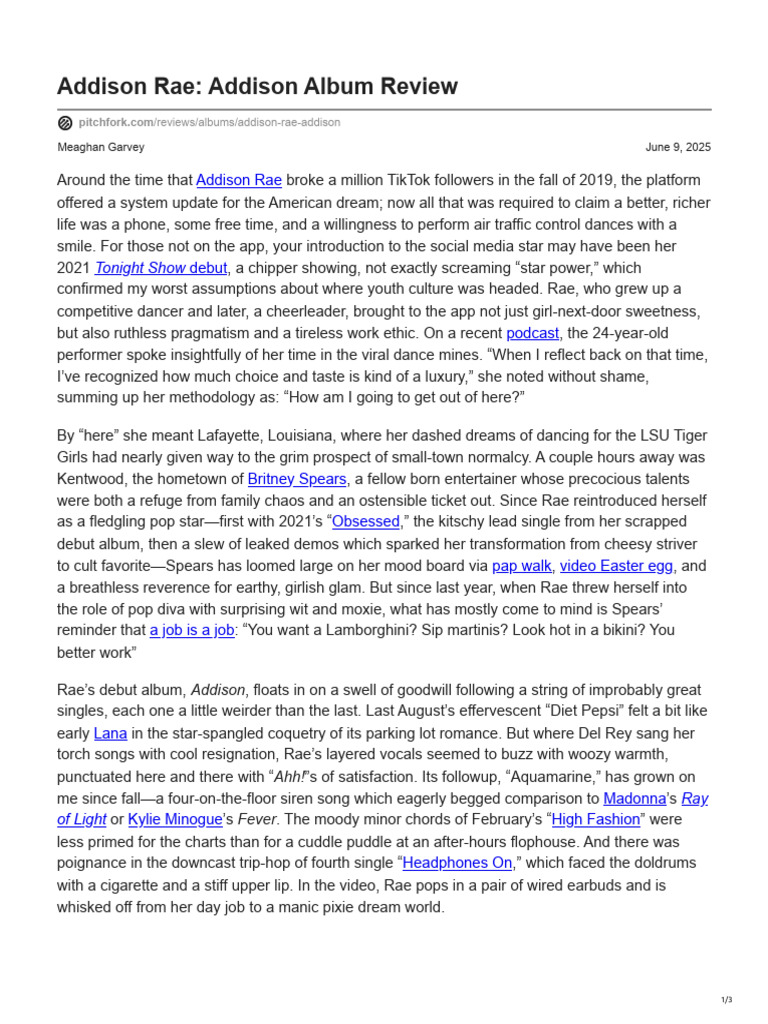 Dora NYT Model 2 - Addison Rae Album Review | PDF | Sound Recording ...