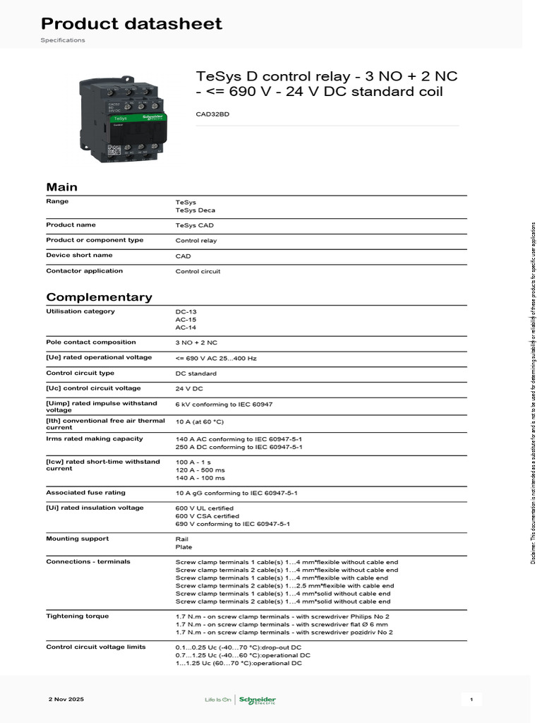 Schneider Electric TeSys K D SK Control Relays CAD32BD | PDF | Economy ...