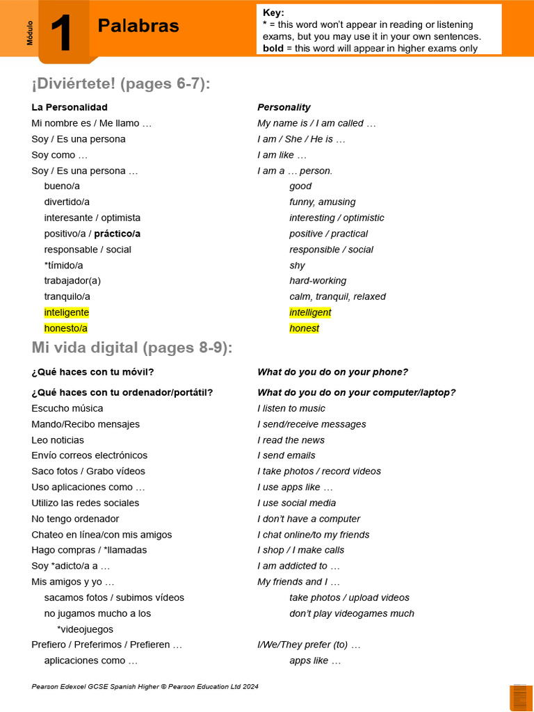 GCSE Spanish Module 1 Vocab List | PDF
