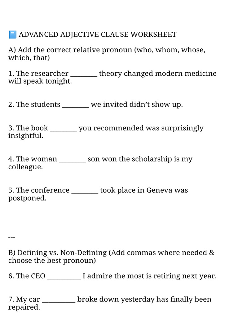 adjective clauses exercises | PDF | Subject (Grammar)