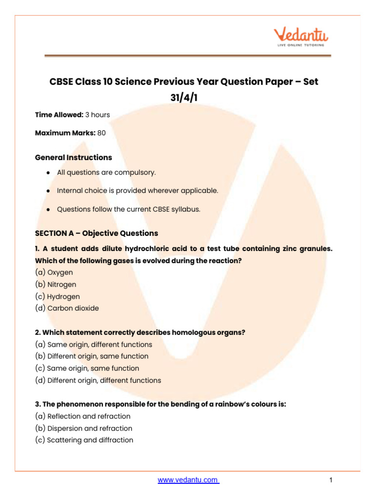 CBSE Class 10 Science Question Paper Set 1 31-4-1 2025 PDF & Solutions ...