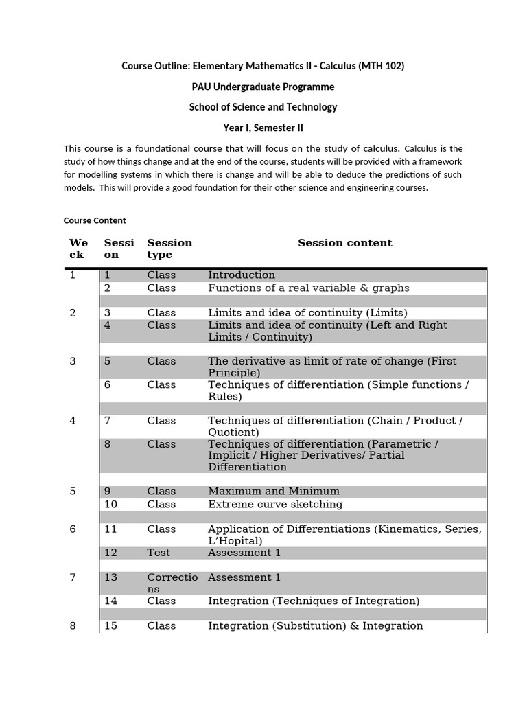 Course Outline - Elementary Mathematics II MTH 102_Modified (1) | PDF ...