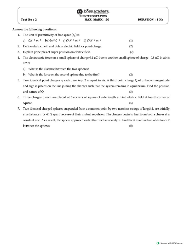 Test 2, Electrostatics QP With Solutions, 05.04.2026 | PDF
