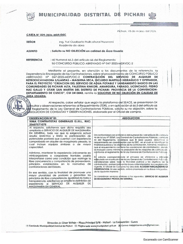 CARTA N 29-2026-MPD-DeC No Objecion Area Usuaria | PDF