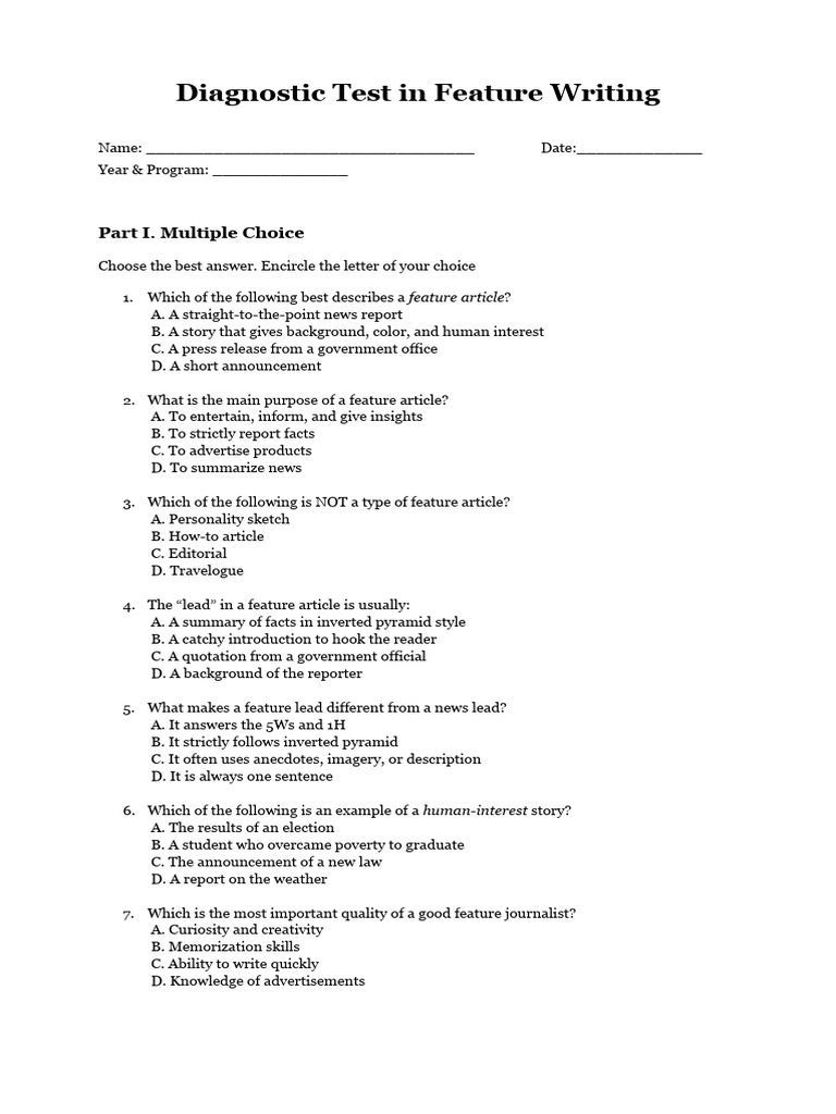 Diagnostic Test in Feature Writing | PDF