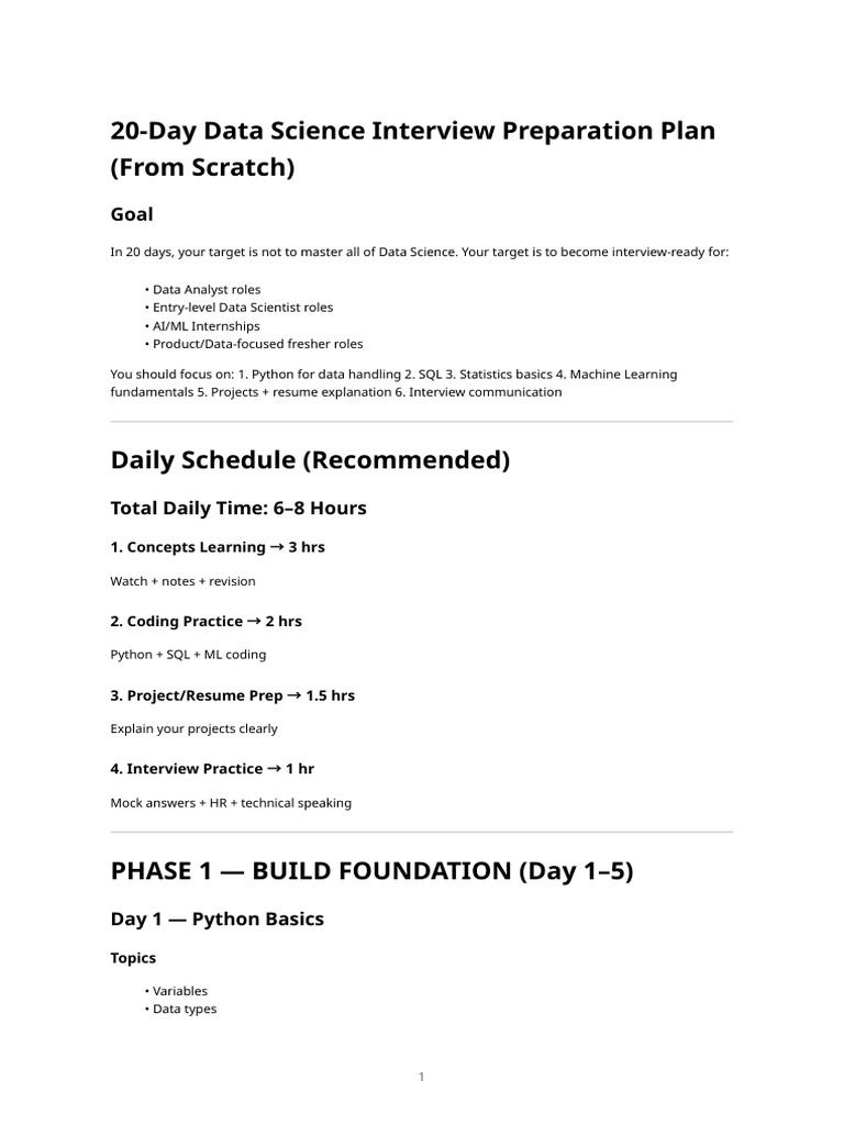 20 Day Data Science Interview Prep Plan | PDF | Support Vector Machine ...