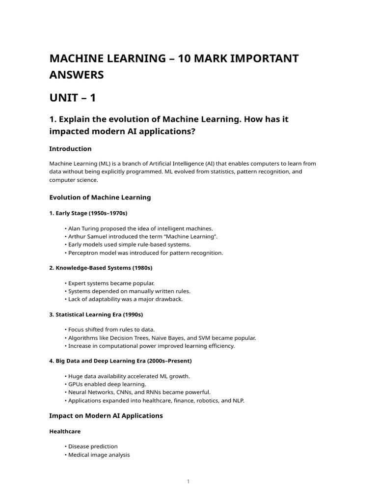 ML SEM Unit 1 10 Mark | PDF | Machine Learning | Cluster Analysis