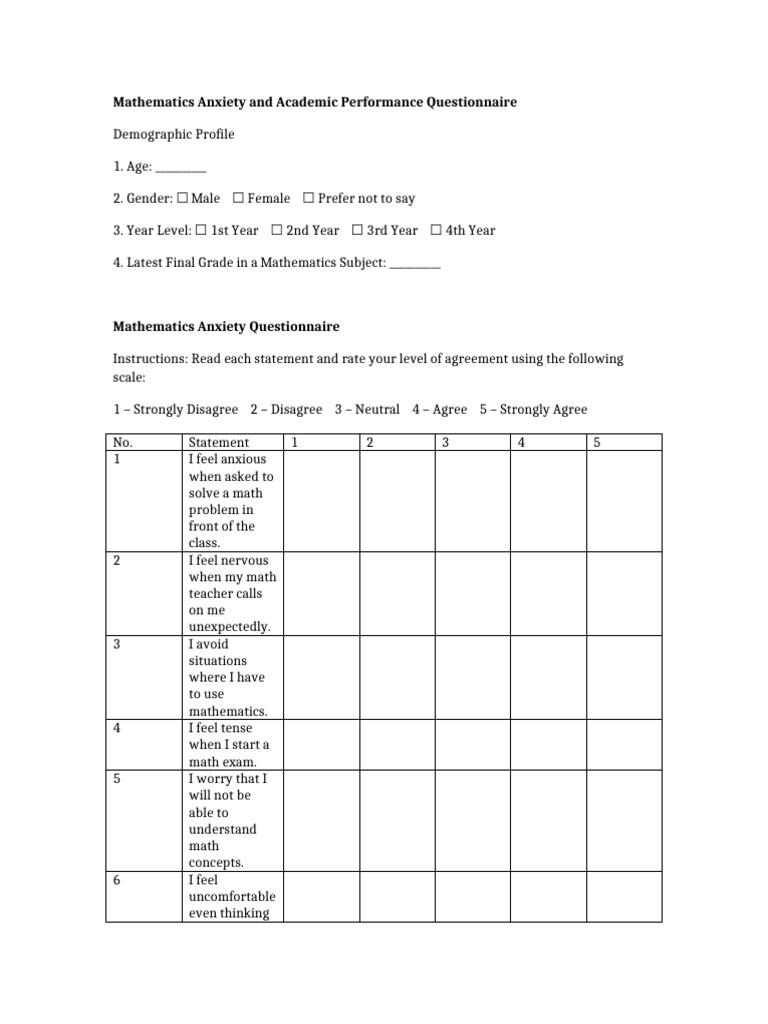 Mathematics Anxiety Questionnaire | PDF