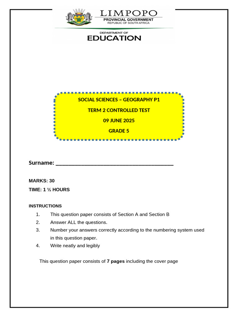 SS Grade 5 Geography Term 2 Controlled Test 2025 | PDF | River | Dam