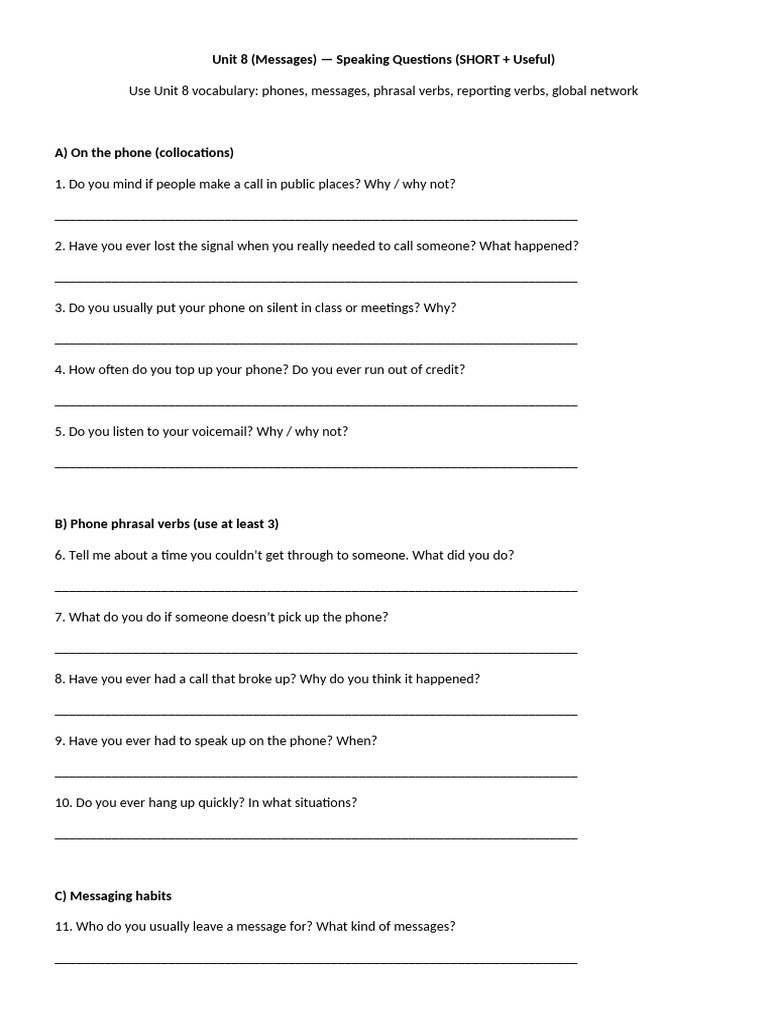 Unit 8 Speaking Questions Printable SHORT | PDF | Chess Theory
