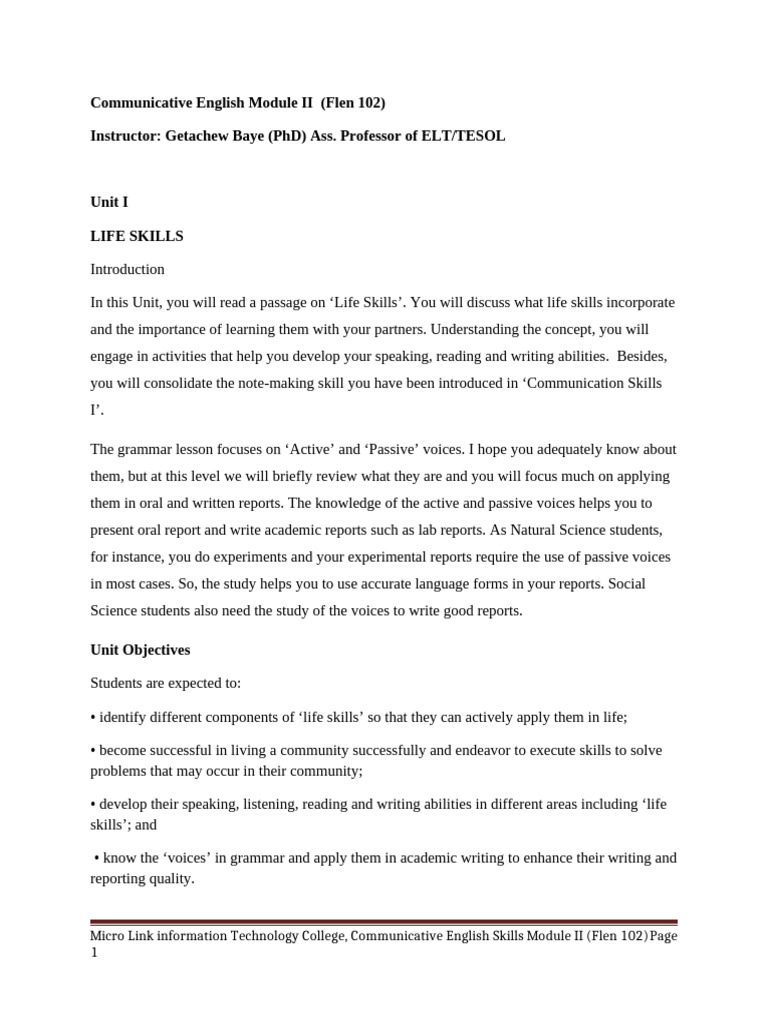 Micro Comm Skills II Chapter I | PDF | Well Being | Grammatical Tense